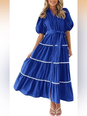 Blue Button-Front Tiered Maxi Dress with Belt